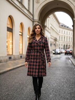 Plaid Belted Trench Coat Dress - Red/Black